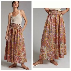 Anthropologie Love The Label Paisley Maxi full length skirt pockets boho smocked